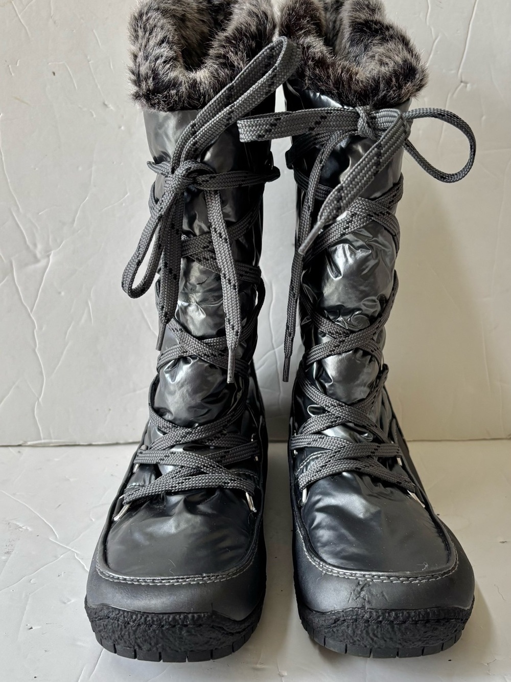 Sporto Black Faux-Fur Trim Winter Lace-Up Boots